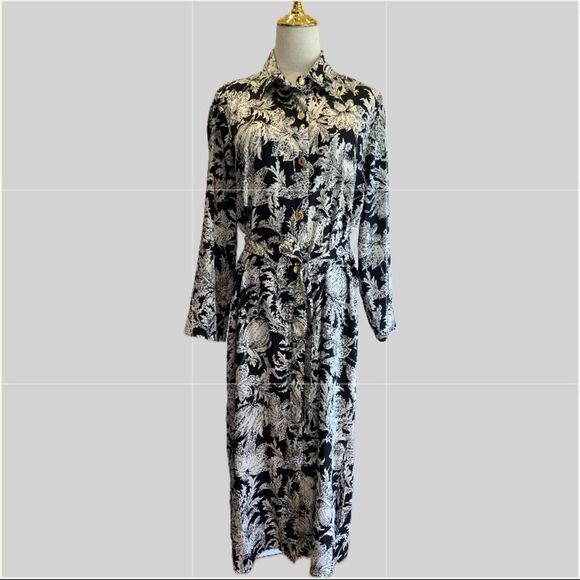Zara Woman NWOT Black and White Floral Button-Up Belted Straight Dress L - Picture 1 of 6